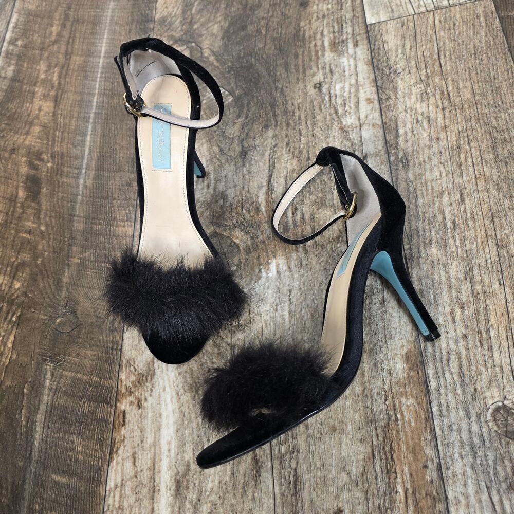 Betsey Johnson Faux Fur Ankle Strap Heels Black Velvet SB-NOLTE 7.5